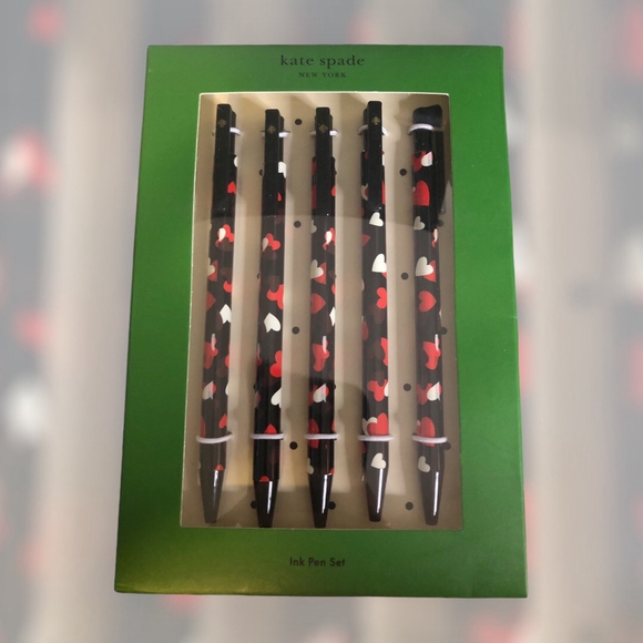 KATE SPADE New York CELEBRATION HEARTS CLICK PEN SET 5 Pens Black Ink NIB - Picture 1 of 3